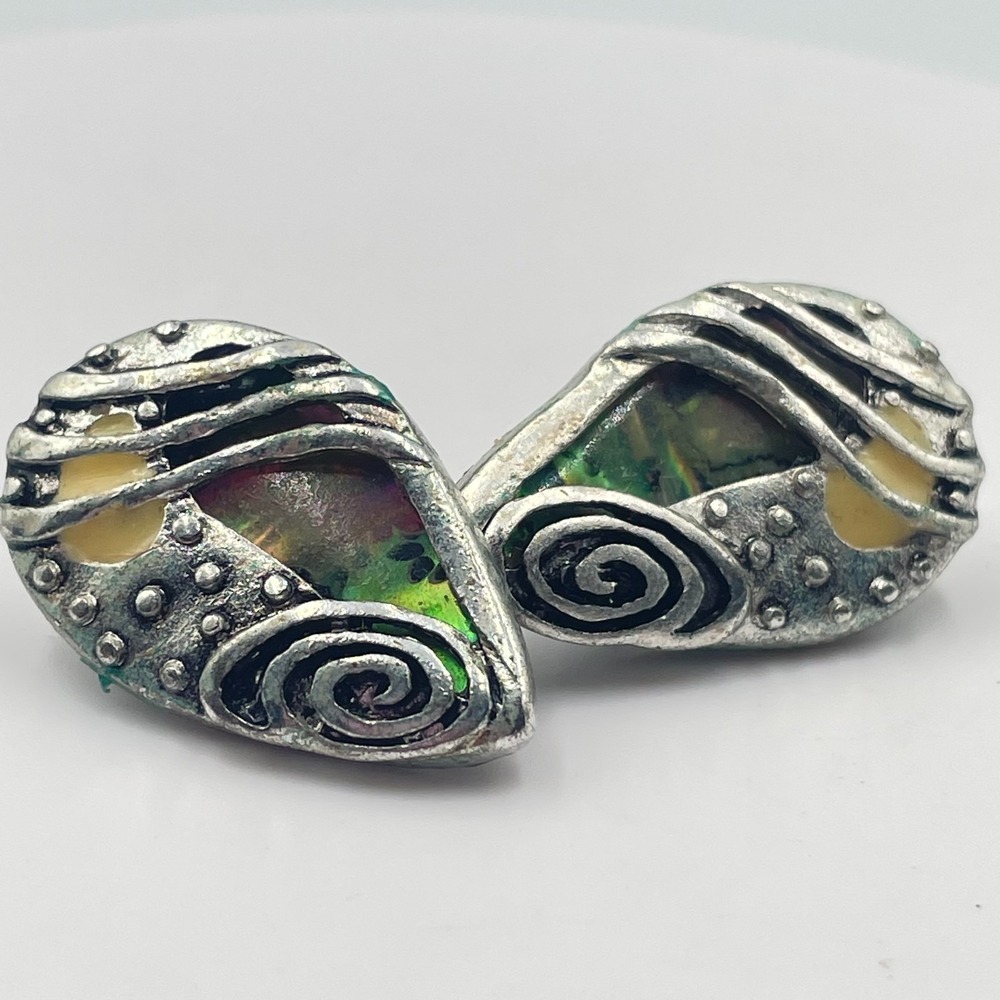 Vintage Y2K Abstract Swirl Clip On Earrings Faux Abalone Inlay Pewter Tone